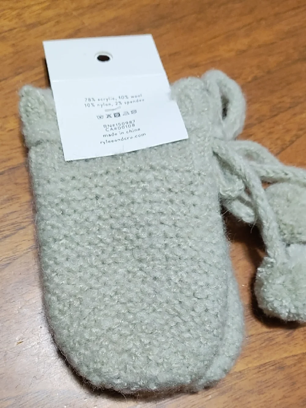 Rylee + Cru Toddler Pom-Pom Knit Mittens in Light Sage Green, 0-12 Mo